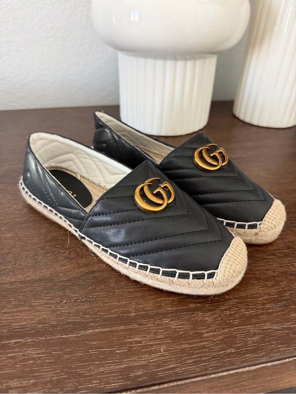 Gucci Black Quilted Leather Espadrilles with Gold Double G